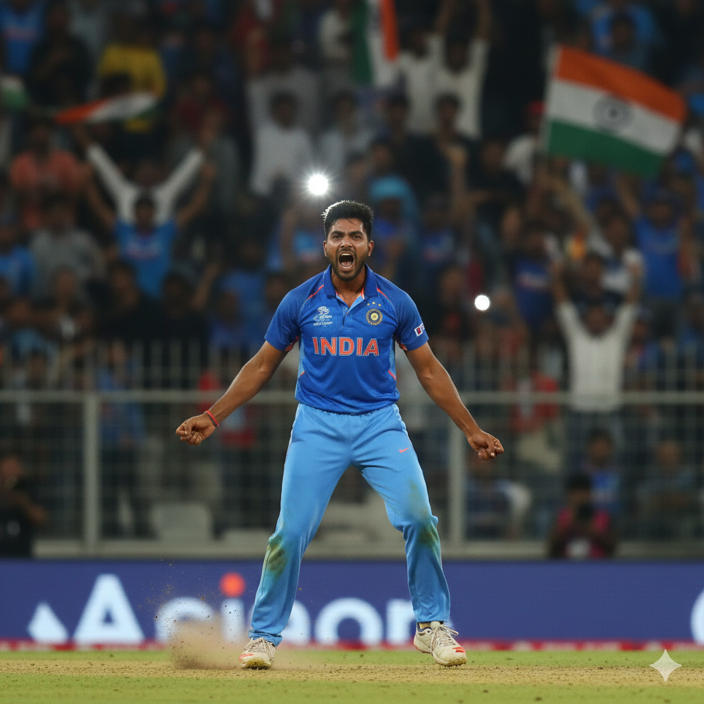 भारतीय गेंदबाज मोहम्मद शमी विकेट लेने के बाद मैदान पर जोश में जश्न मनाते हुए।

