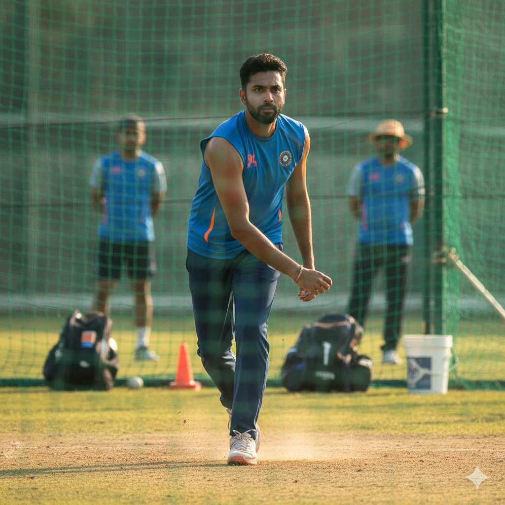 नेट प्रैक्टिस में गेंदबाजी करते हुए मेहनत करते मोहम्मद शमी का प्रेरणादायक दृश्य।