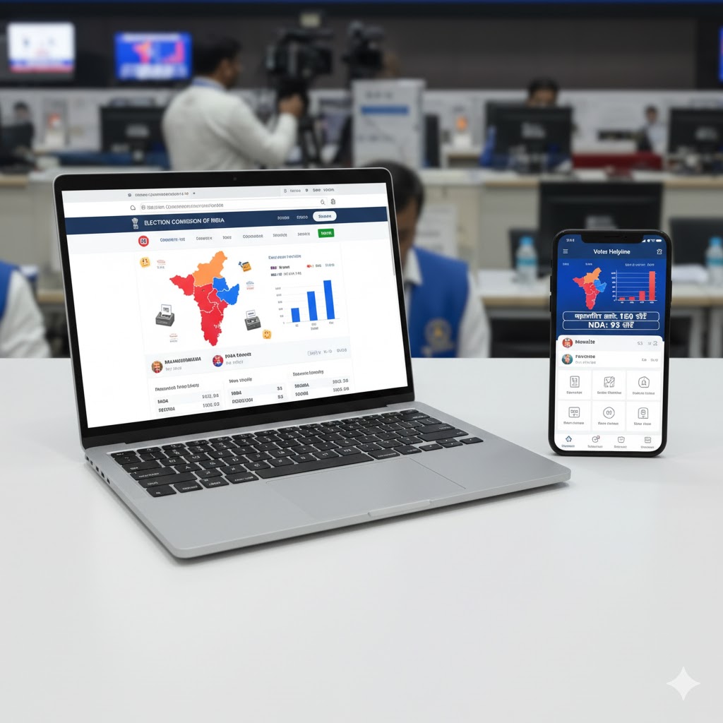 “ECI results.eci.gov.in website and voter helpline app showing Bihar Election 2025 live result updates.”
