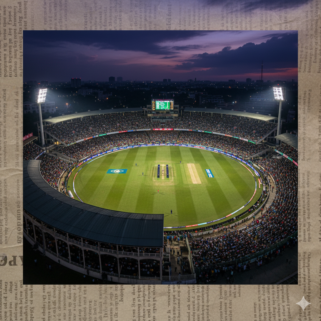 "ईडन गार्डन्स कोलकाता का एरियल व्यू, भारत बनाम दक्षिण अफ्रीका लाइव टेस्ट मैच, स्टेडियम में चमकता इलेक्ट्रॉनिक स्कोरबोर्ड और लो-स्कोर थ्रिलर"
