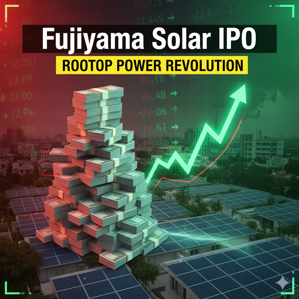 "Indian renewable energy company Fujiyama Solar Power Systems IPO, solar panels illustration and share market listing updates"

