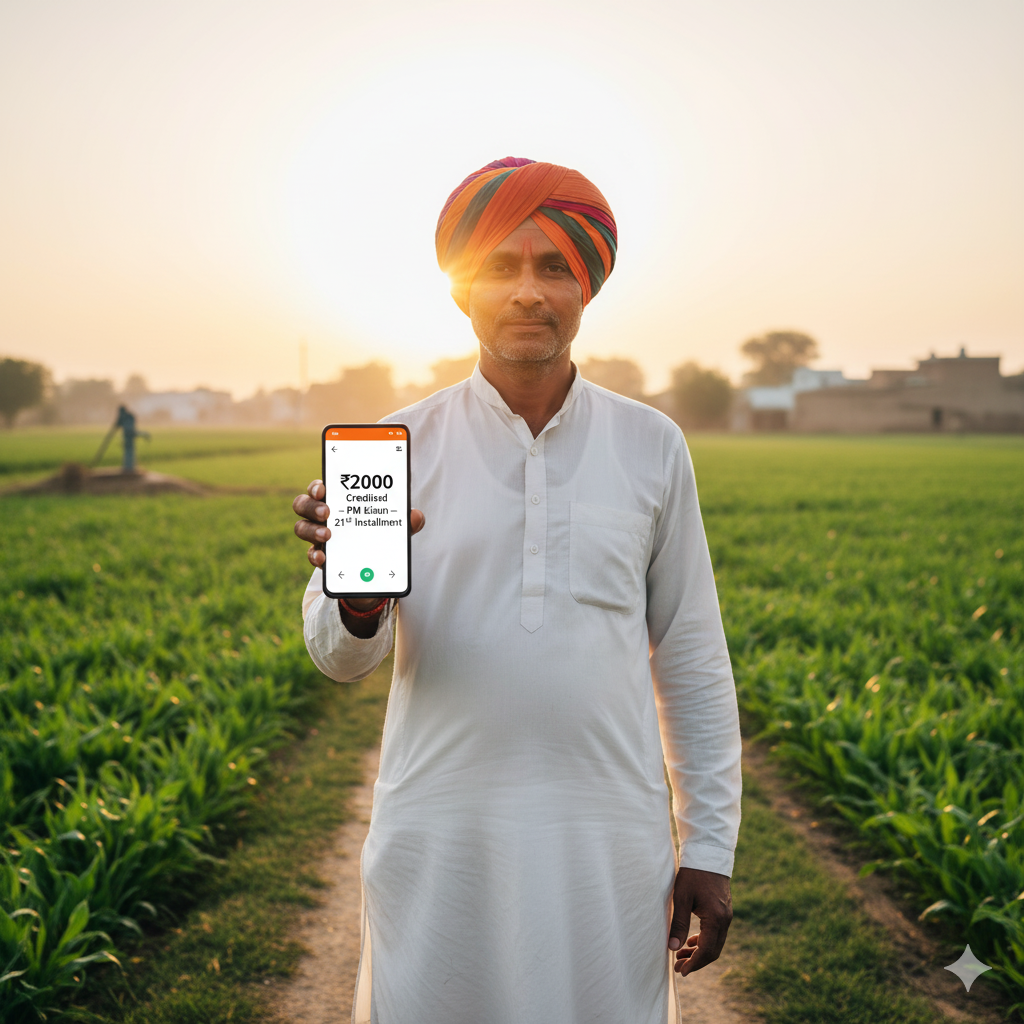 “भारतीय किसान अपने मोबाइल फोन पर PM Kisan की 21वीं किस्त ₹2000 क्रेडिट मैसेज दिखाते हुए।”
