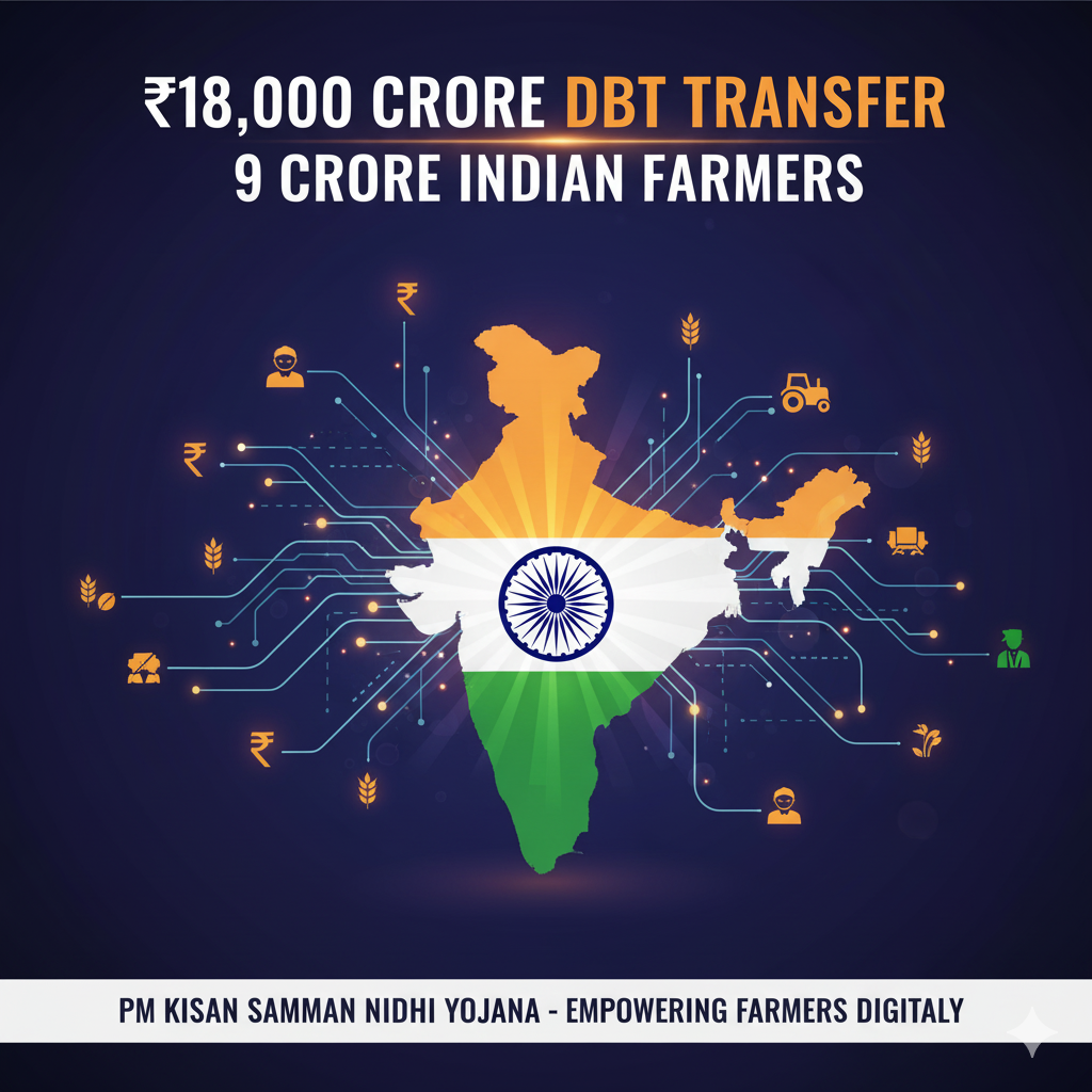 “PM Kisan 21वीं किस्त के तहत 9 करोड़ किसानों को ₹18,000 करोड़ DBT ट्रांसफर का ग्राफिक।”
