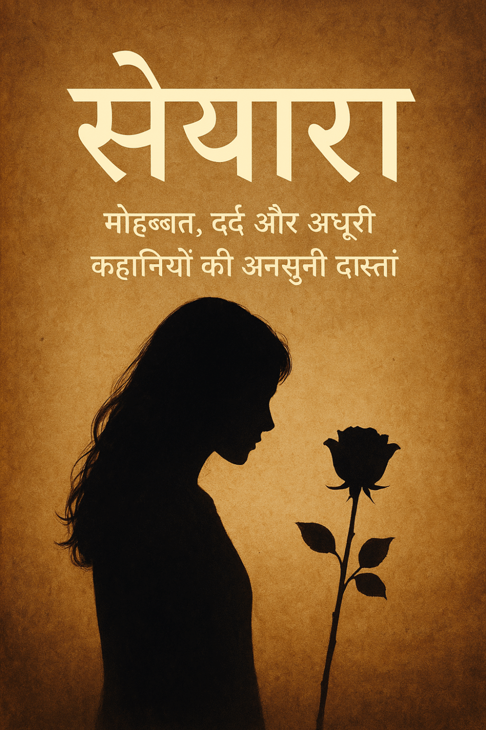 "सैयारा: मोहब्बत, दर्द और अधूरी कहानियों की अनसुनी दास्तां – भूरे पृष्ठभूमि पर एक लड़की और गुलाब का साया, शीर्षक हिंदी में लिखा हुआ।"

