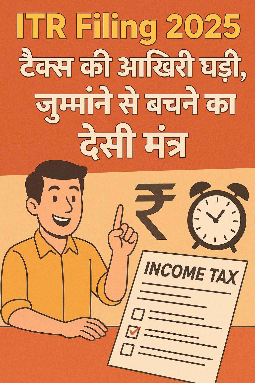 "ITR Filing 2025 टैक्स की आखिरी घड़ी – जुर्माने से बचने का देसी मंत्र, इनकम टैक्स फॉर्म, अलार्म क्लॉक और रुपए का चिन्ह"