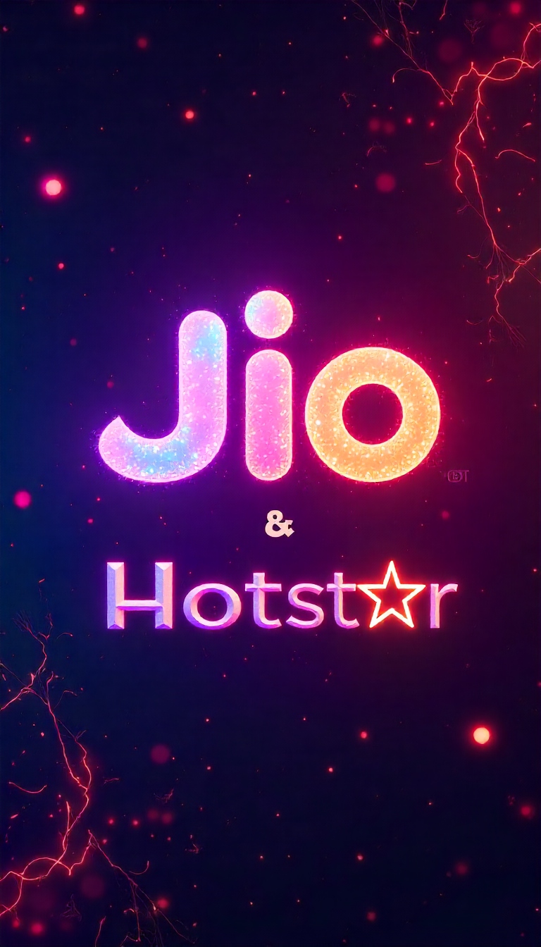 “जियो और हॉटस्टार थीम वाला रंग-बिरंगा डिजिटल पोस्टर, नीयॉन लाइट्स और भविष्यवादी बैकग्राउंड के साथ”