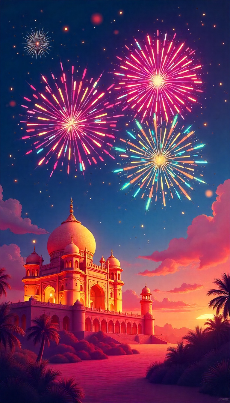 “भारतीय त्योहारों से प्रेरित रंगीन डिजिटल आर्टवर्क, आतिशबाज़ी और एब्स्ट्रैक्ट पैटर्न के साथ”