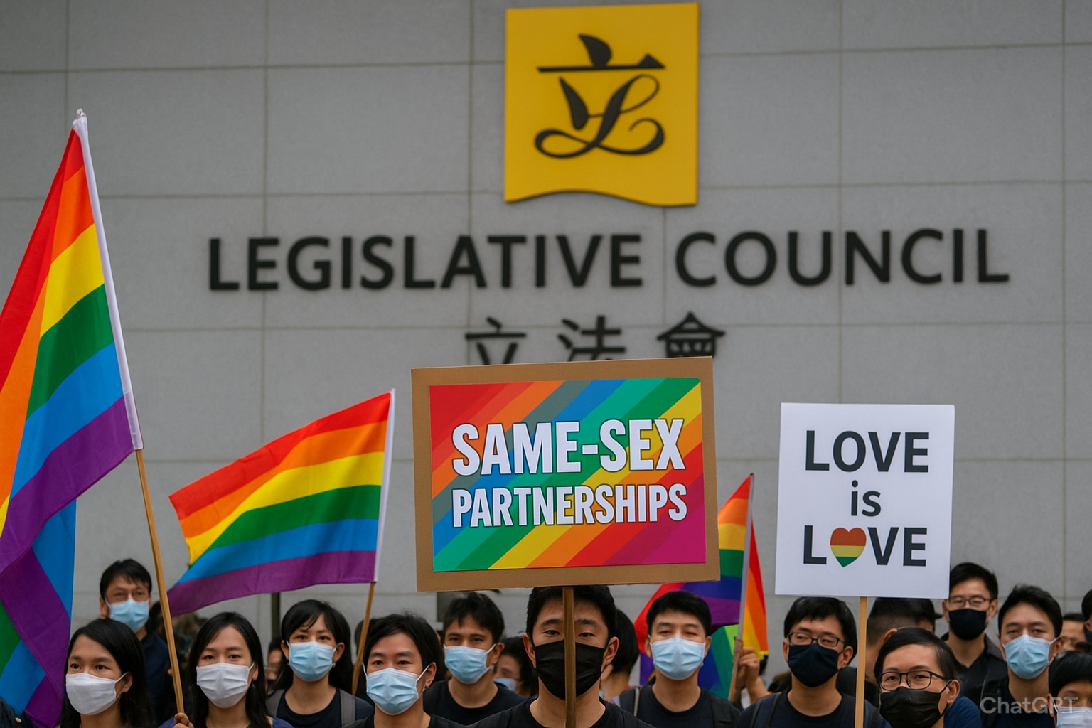 “रेनबो झंडे और ‘SAME-SEX PARTNERSHIPS’ तथा ‘LOVE is LOVE’ लिखी तख्तियां लिए मास्क पहने लोग हांगकांग के लेजिस्लेटिव काउंसिल भवन के सामने समान-लैंगिक अधिकारों के समर्थन में प्रदर्शन करते हुए।”