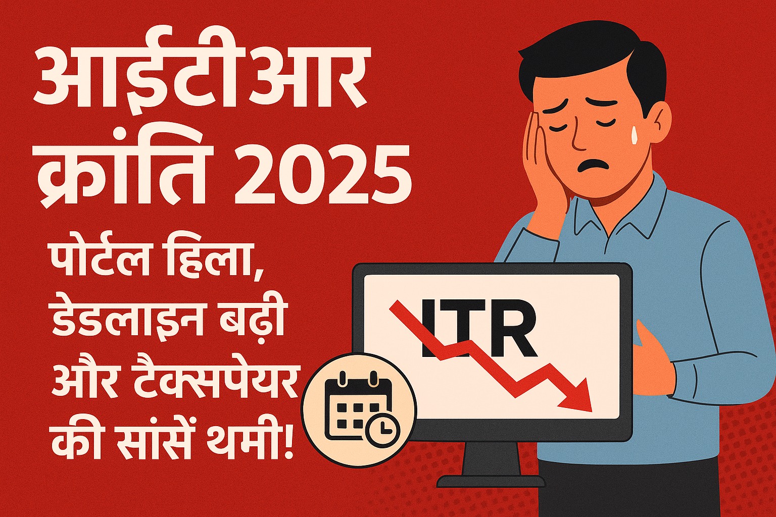 “आईटीआर क्रांति 2025 – पोर्टल हिला, डेडलाइन बढ़ी और टैक्सपेयर परेशान, कंप्यूटर स्क्रीन पर ITR ग्राफ डाउन और चिंतित व्यक्ति।”