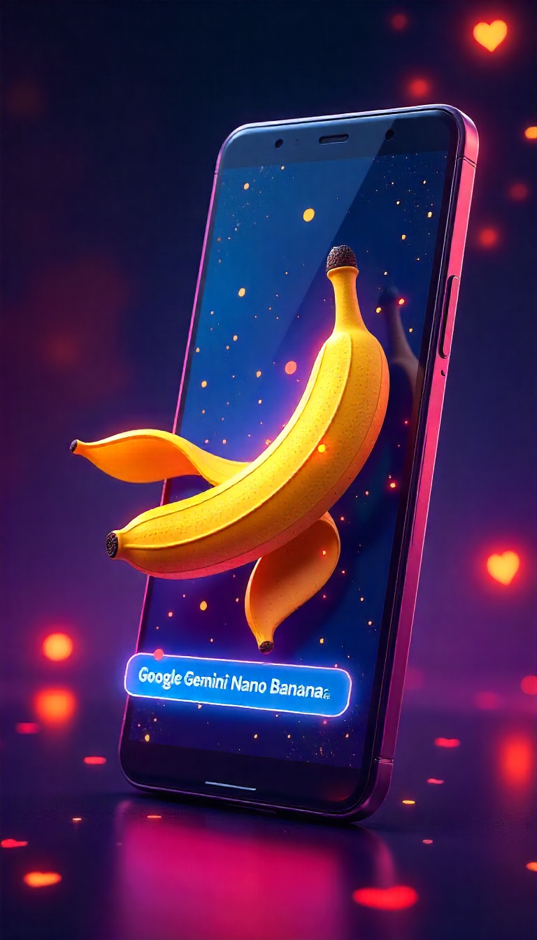Google Gemini Nano Banana कॉन्सेप्ट आर्ट - स्मार्टफोन स्क्रीन से निकलता हुआ 3D केला, डिजिटल इनोवेशन और टेक्नोलॉजी का अनोखा विज़ुअल