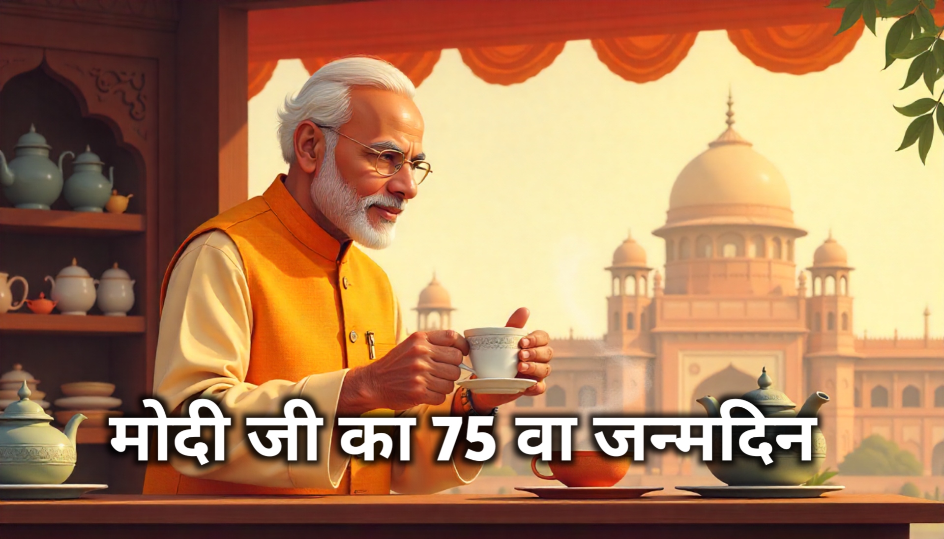 "युवा नरेंद्र मोदी एक छोटे भारतीय चाय स्टॉल पर चाय परोसते हुए, पारंपरिक कुर्ता पहने, गर्म और जीवंत रंगों में, उनके संघर्षपूर्ण शुरुआत और राजनीतिक सफर का प्रतीक।"