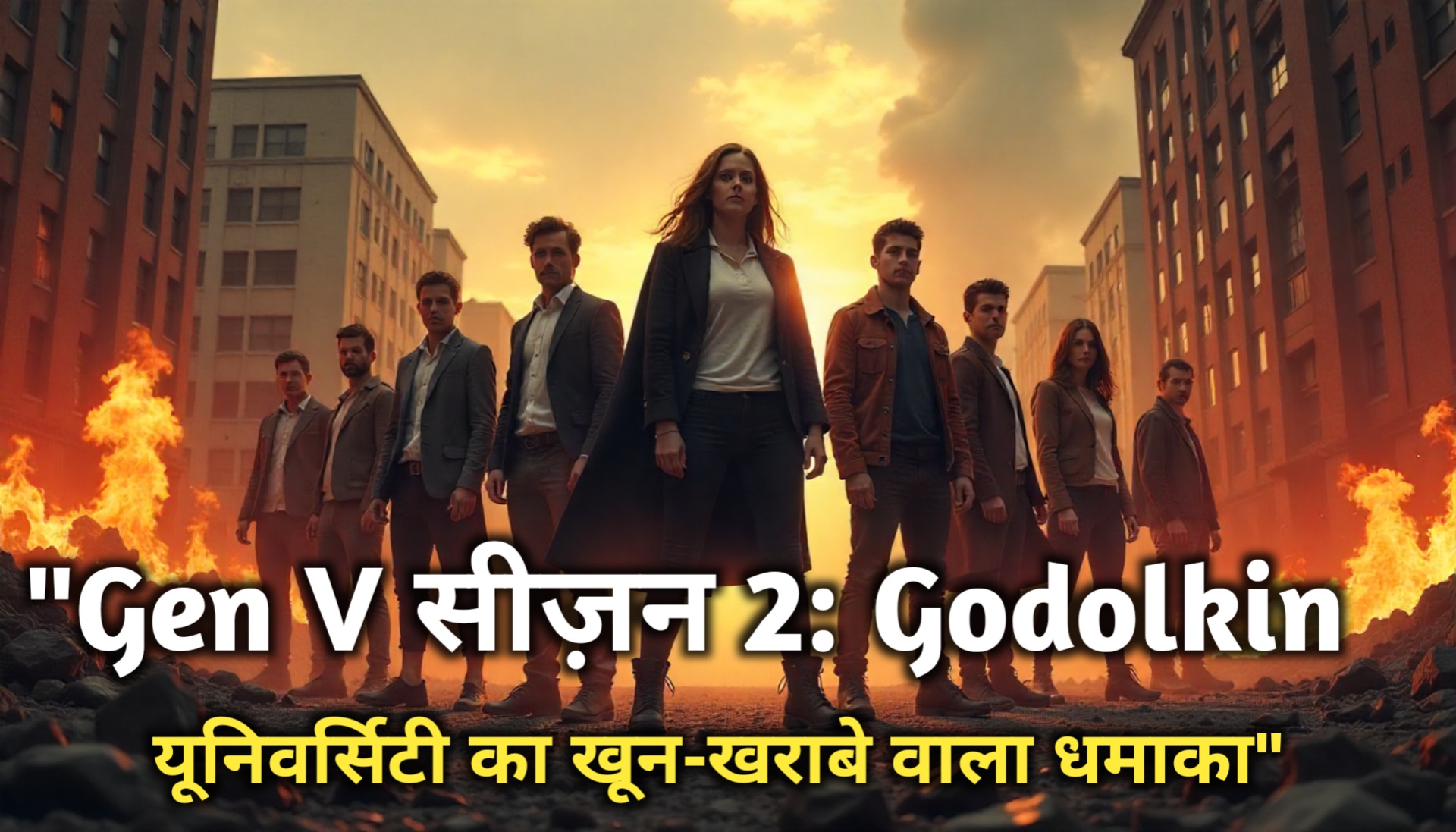 टूटी-फूटी यूनिवर्सिटी के बीच लड़ाई की मुद्रा में खड़े सुपरपावर स्टूडेंट्स का पोस्टर