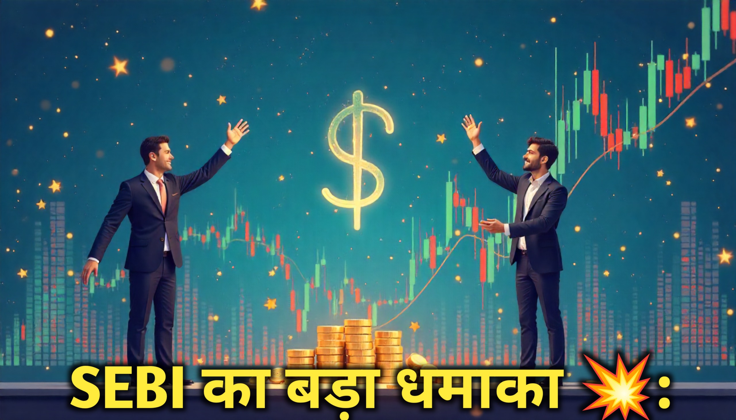 SEBI की अनुमति के बाद भारतीय बिज़नेसमैन सोना, चांदी और तेल ट्रेडिंग में खुश, बैकग्राउंड में स्टॉक मार्केट कैंडलस्टिक ग्राफ और आधुनिक फाइनेंस हब की वेक्टर इलस्ट्रेशन।