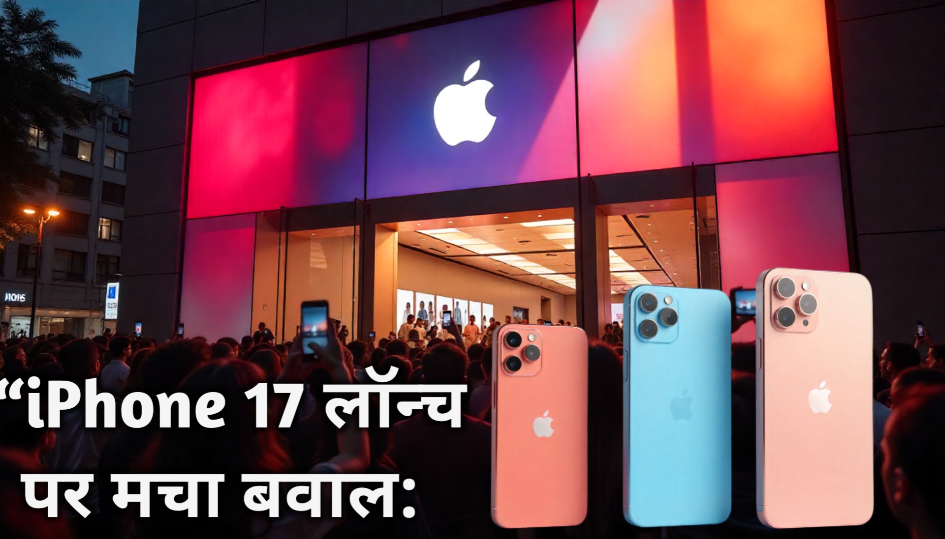 मुंबई के Apple स्टोर के बाहर iPhone 17 लॉन्च के दौरान उत्साहित भीड़, लोग फोन से इवेंट कैप्चर कर रहे, रंग-बिरंगे बैनर और सुबह की धूप में ड्रामैटिक शेडो