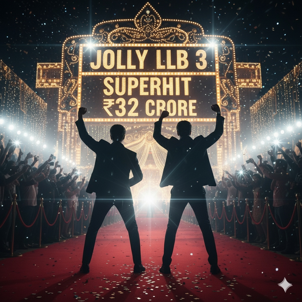 बॉलीवुड रेड कार्पेट इवेंट में दो अभिनेताओं की परछाइयां, कैमरा फ्लैश और बड़े मारकी पर Jolly LLB 3 सुपरहिट 32 करोड़ का संदेश