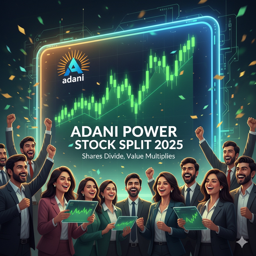 Adani Power Stock Split 2025 Featured Image – भारतीय शेयर बाजार में अडानी पावर का 1:5 स्टॉक स्प्लिट फैसला, निवेशकों की खुशी और मार्केट में तेजी।
