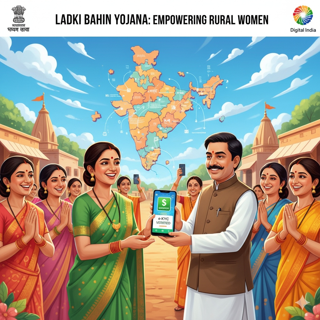 लड़की बहिन योजना के तहत ग्रामीण महाराष्ट्र की महिलाएं वित्तीय सहायता प्राप्त करती हुई, डिजिटल भुगतान और e-KYC प्रक्रिया के आइकन के साथ