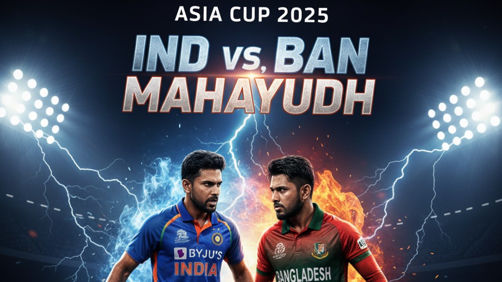 "India and Bangladesh cricket players face-to-face, intense Asia Cup 2025 showdown, dramatic lighting and fire effects, poster style action"