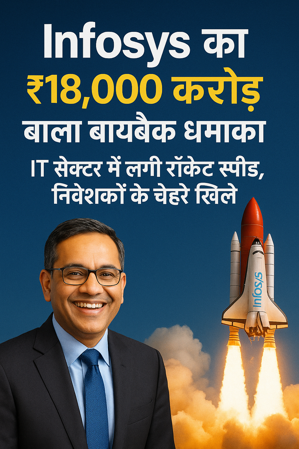 "Infosys का ₹18,000 करोड़ का बायबैक: IT सेक्टर में रॉकेट स्पीड से उछाल, निवेशकों के चेहरे खिले – बिज़नेस न्यूज़ पोस्टर"