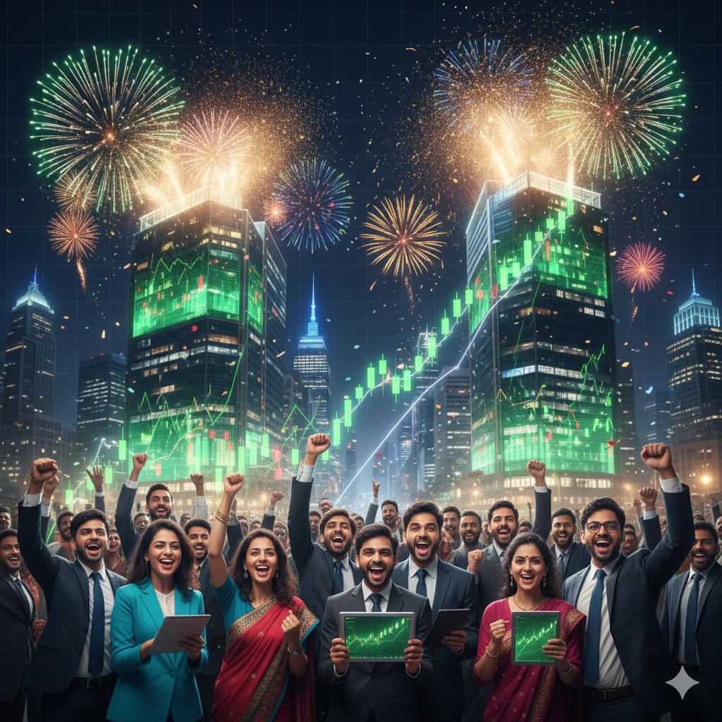 Elitecon International शेयर मार्केट चार्ट तेज़ी से ऊपर जाते हुए, खुश निवेशक और रंगीन आतिशबाज़ी – भारतीय स्टॉक मार्केट उछाल