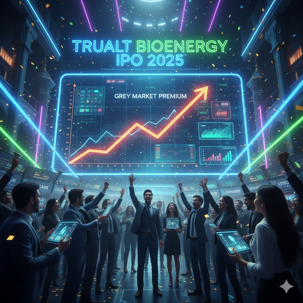 Futuristic स्टॉक मार्केट दृश्य, TruAlt Bioenergy IPO 2025 के लिए हाइलाइटेड डिजिटल स्क्रीन, बढ़ते ग्राफ और खुश निवेशक