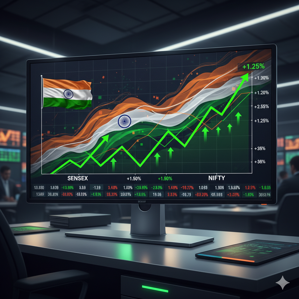 सेंसेक्स और निफ्टी की बढ़त दिखाता हुआ शेयर बाजार का ग्राफ।