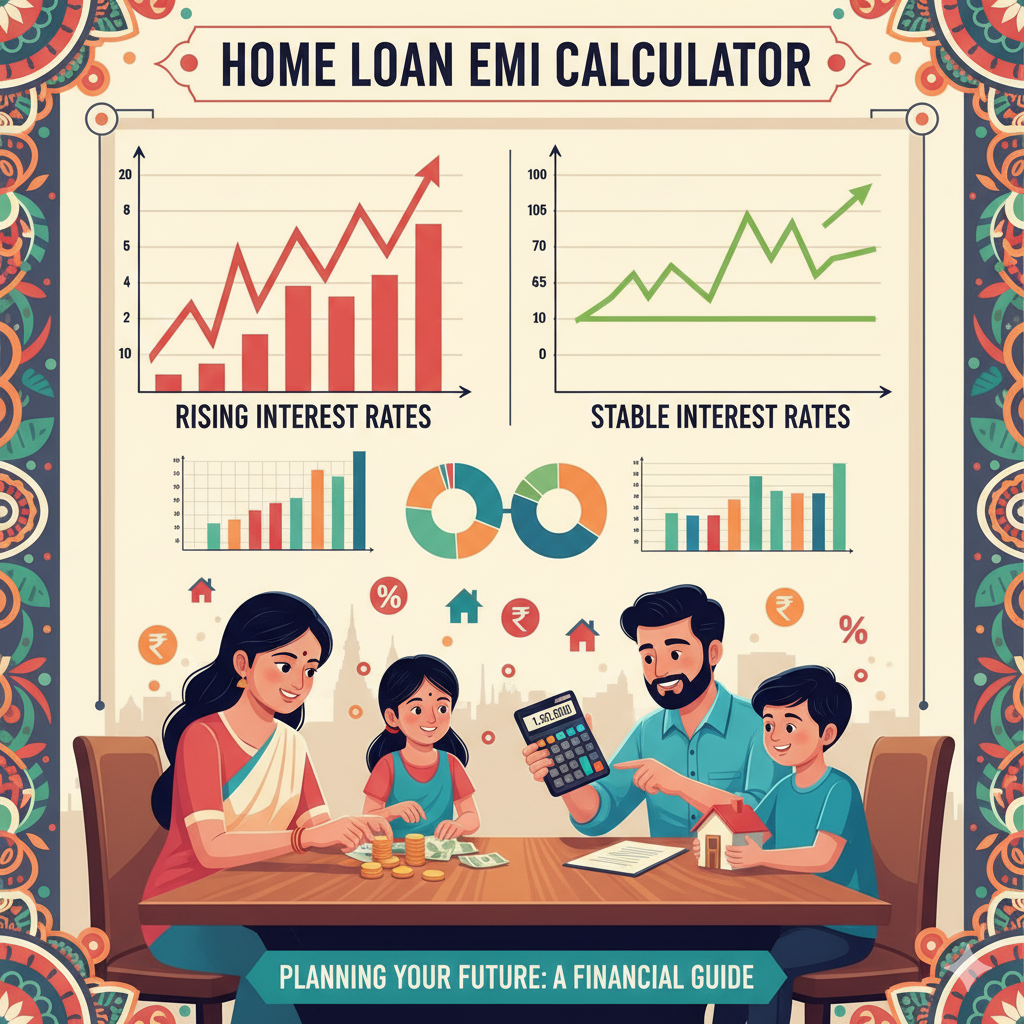 "Indian family calculating EMI for home loan with charts showing interest rates, coins and rupee notes around"