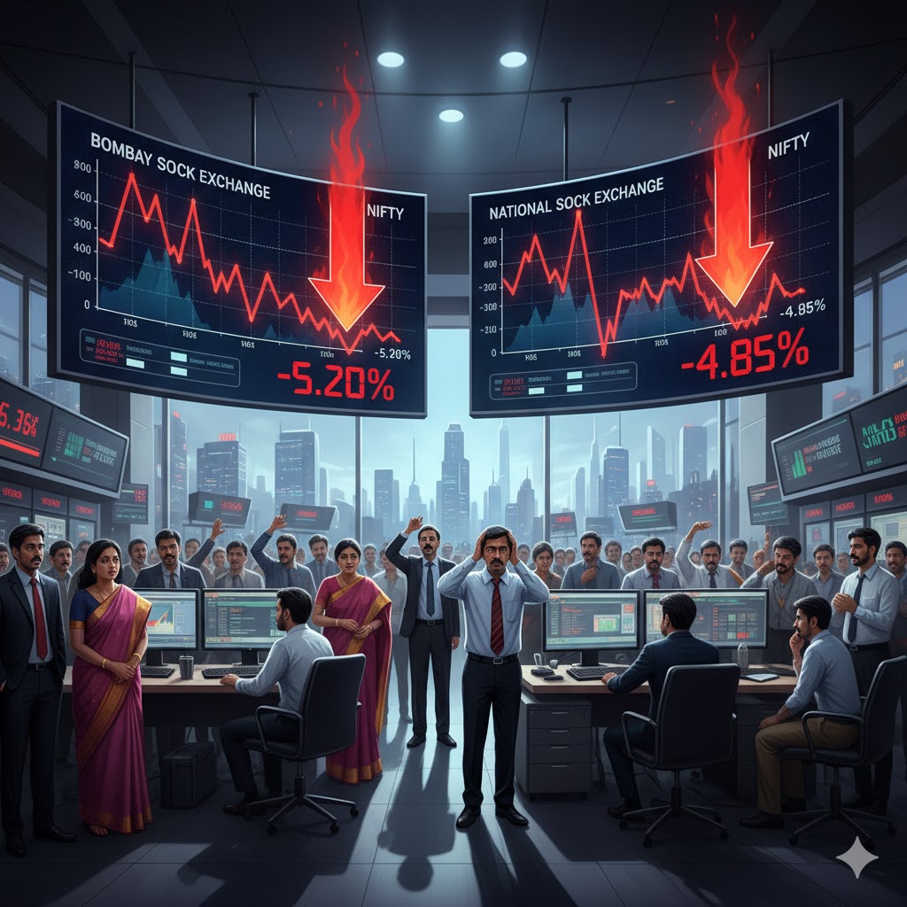 Indian stock market falling sharply with Sensex and Nifty graphs dropping, investors worried, red arrows showing market decline.