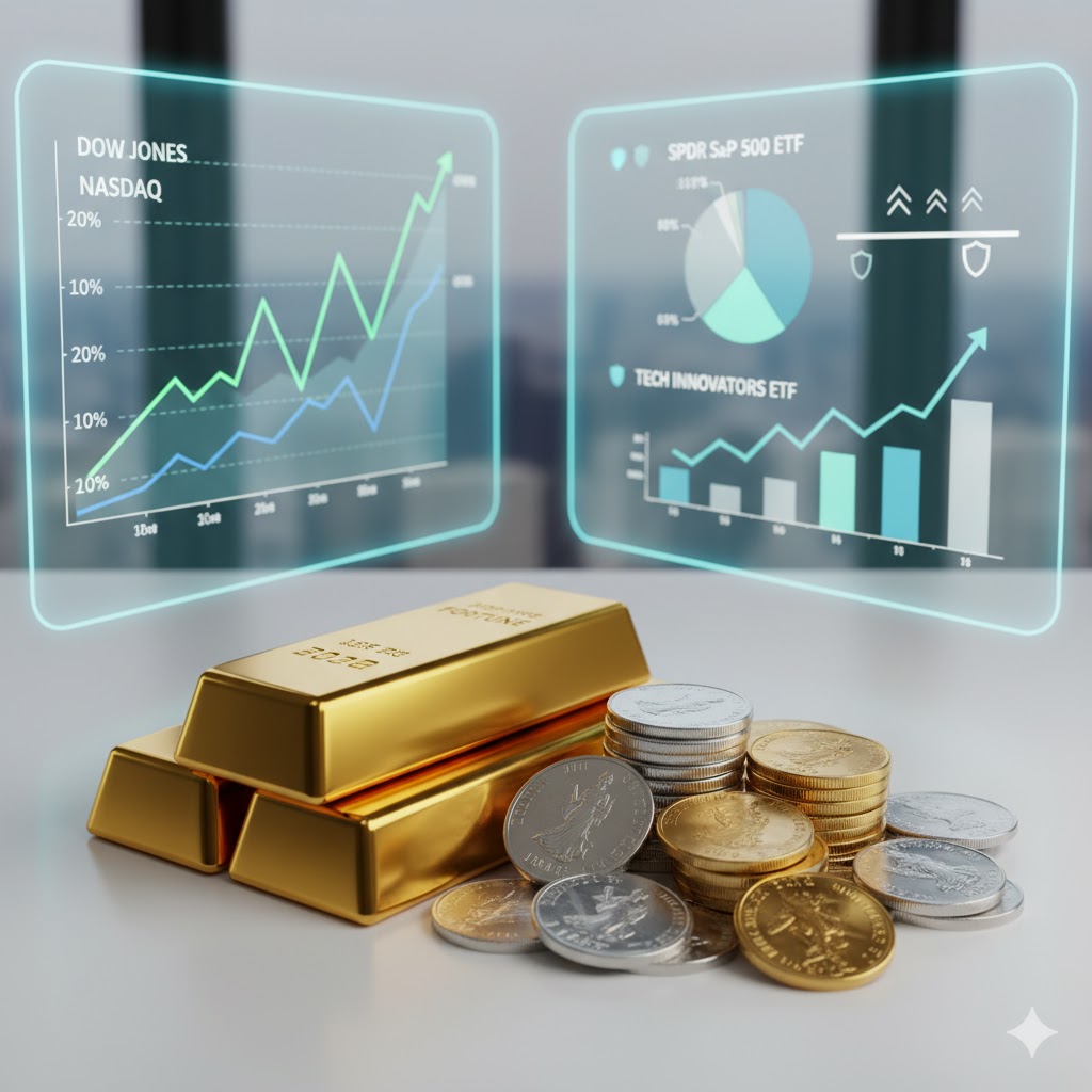 "Gold and silver coins and bars with stock market and ETF charts in the background, representing smart and safe investments for investors