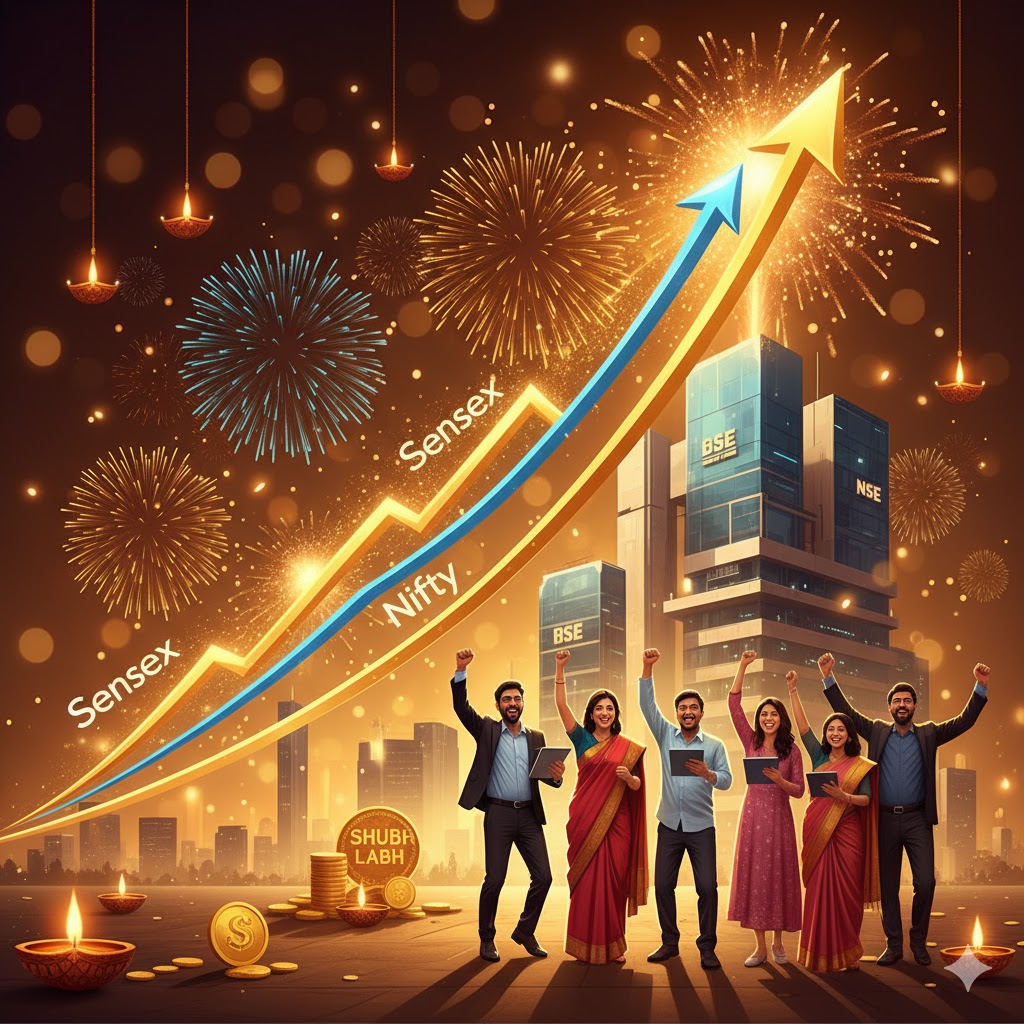 “Sensex Nifty rally with Diwali theme and investors celebrating market boom”
