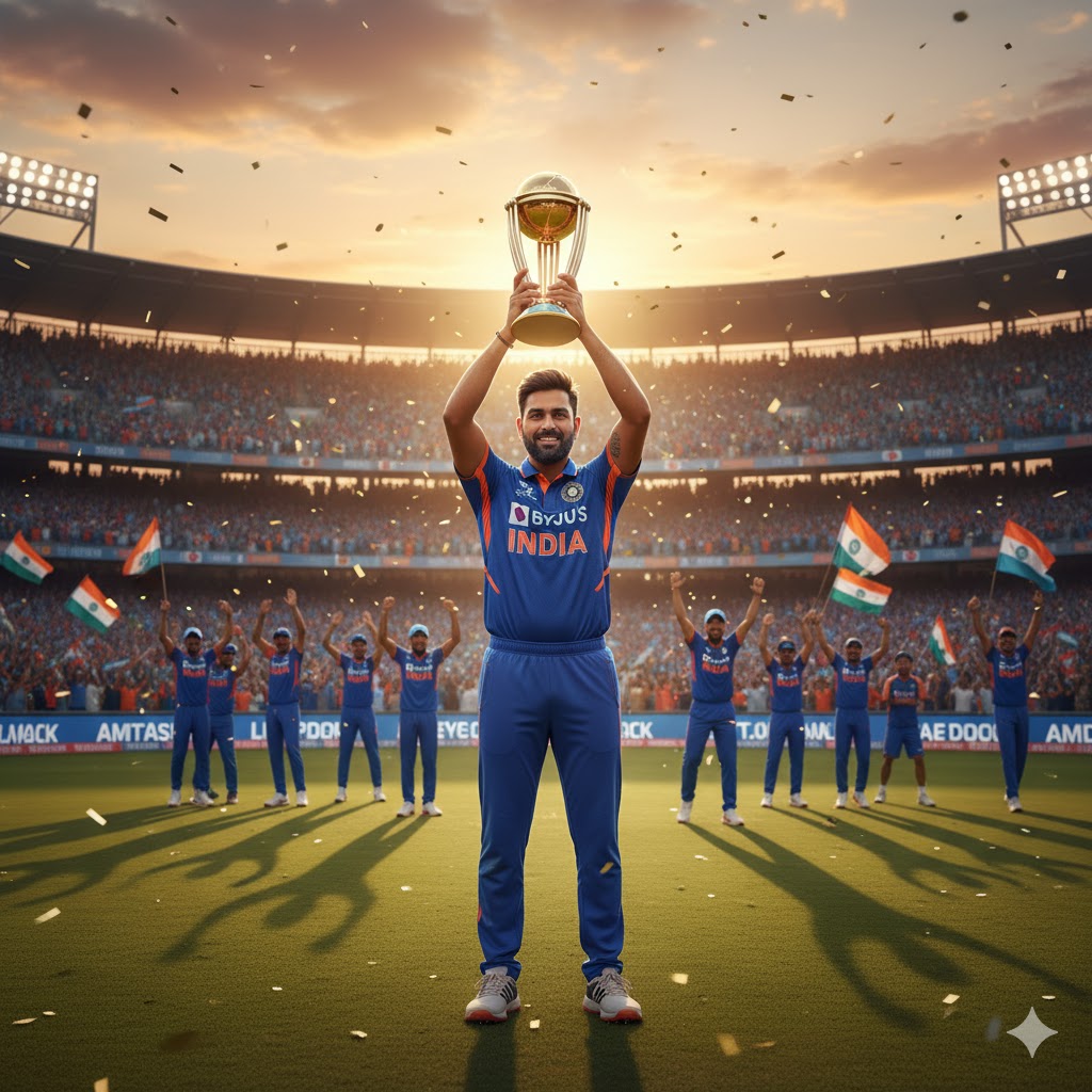 "रोहित शर्मा क्रिकेट मैदान पर 2027 वर्ल्ड कप ट्रॉफी के साथ, दर्शकों के बीच, भावनात्मक और प्रेरणादायक दृश्य।"
