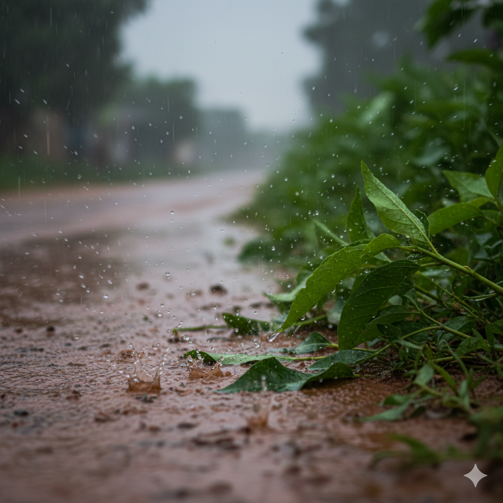 “मध्य प्रदेश के ग्रामीण इलाके में बारिश की बूंदें पत्तों पर गिरती हुईं, मिट्टी की सड़क पर पानी के छींटे, मानसून का खूबसूरत देसी नज़ारा।”

