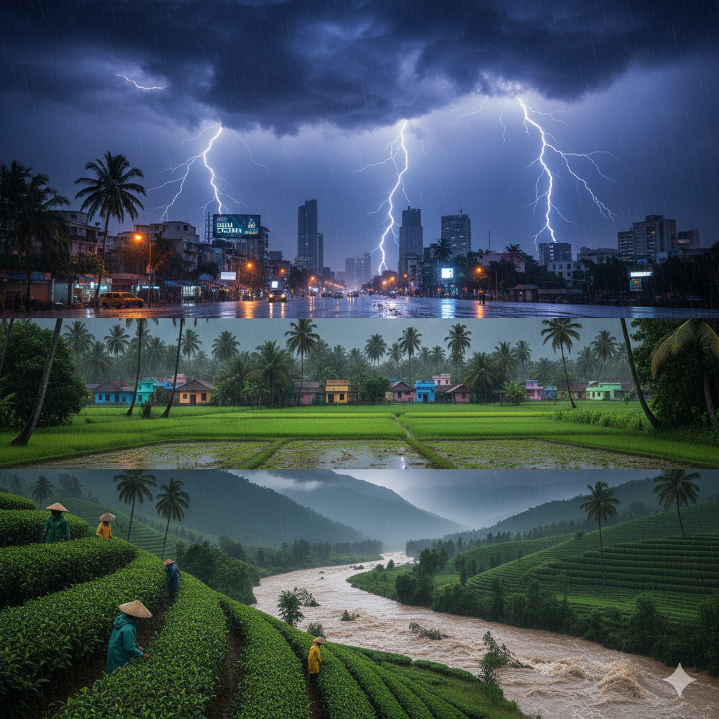 "भारत का आज का मौसम 2025: दिल्ली में गरज-चमक, मुंबई में भारी बारिश, केरल और असम के हरित खेतों में मानसून की बारिश, थंबनेल आर्टिकल के लिए"