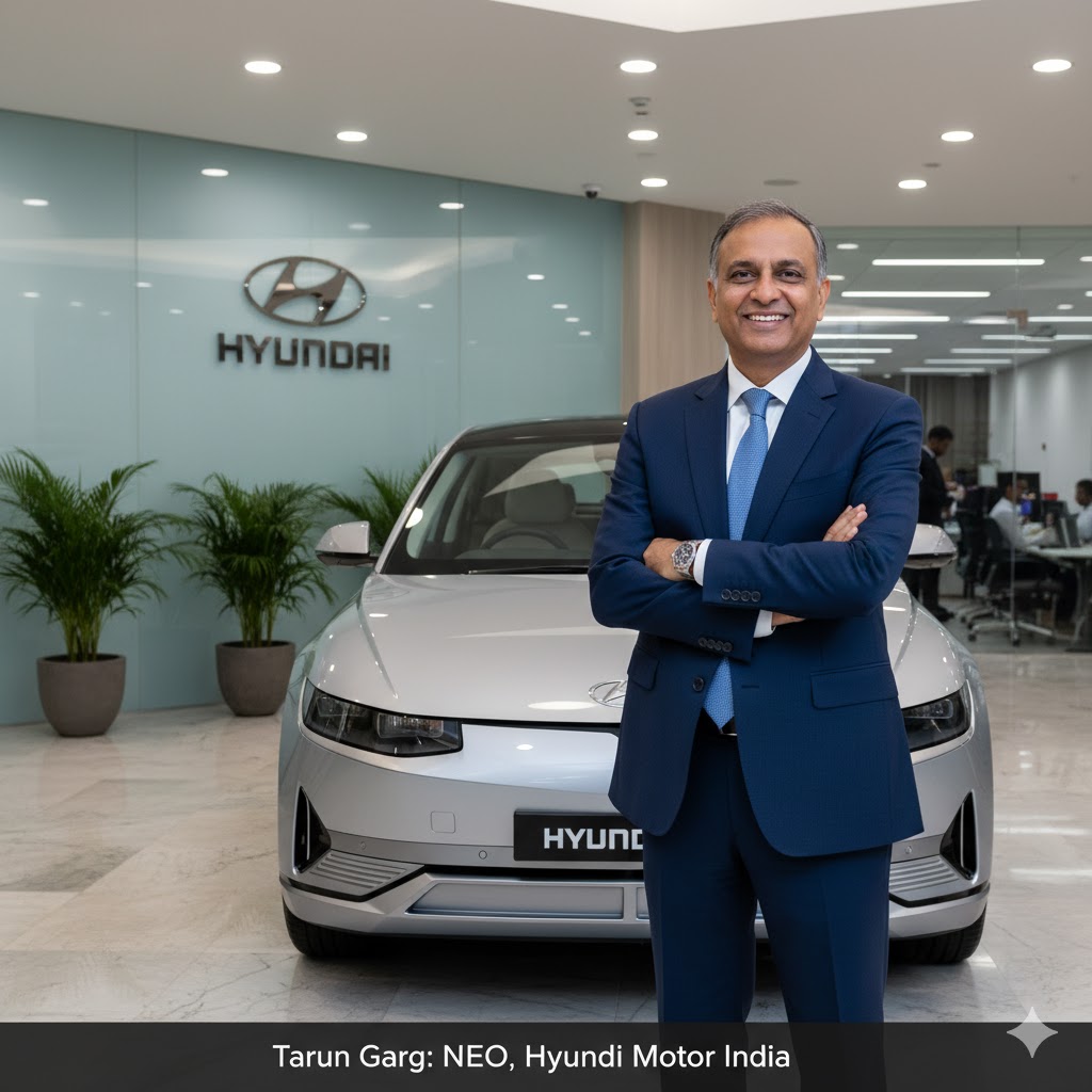 Hyundai India CEO Tarun Garg with Hyundai car and company logo – CEO announcement news image.