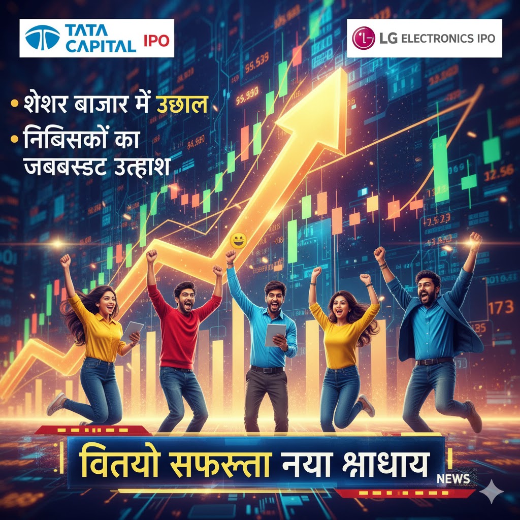Colorful digital artwork depicting the record-breaking IPO of Tata Capital and LG Electronics with market activity, stock graphs, and enthusiastic investors.