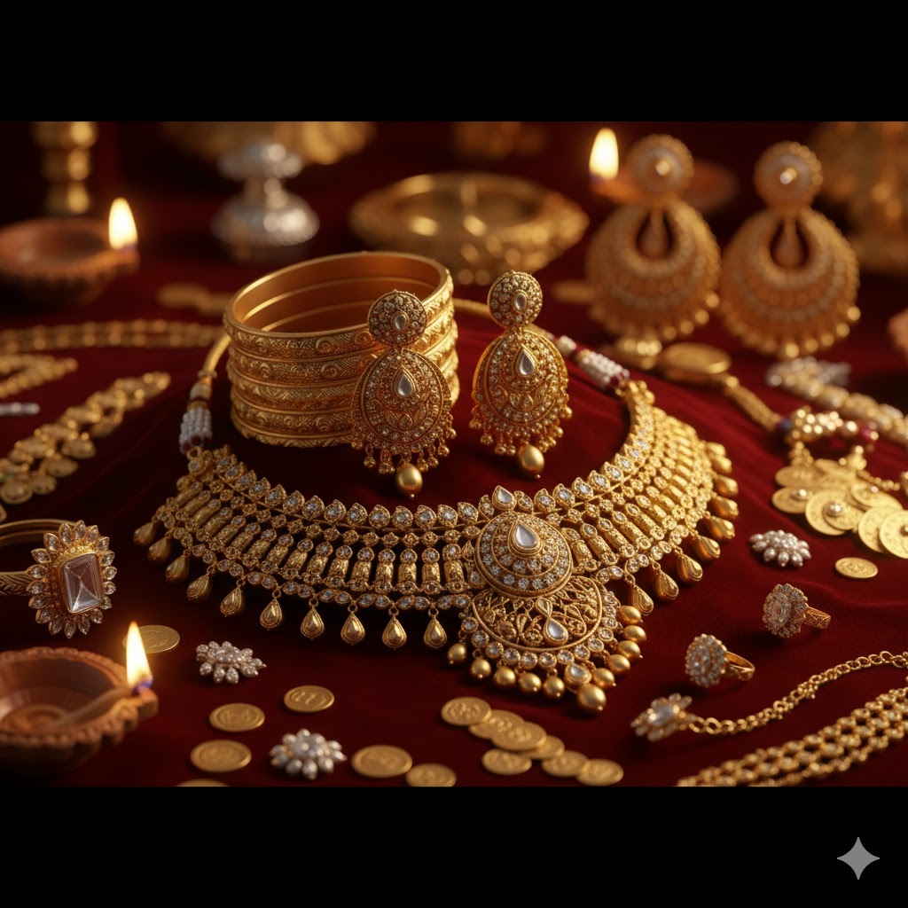 “लाल मखमली कपड़े पर सजे पारंपरिक भारतीय सोने के गहने — हार, चूड़ियाँ और अंगूठियाँ दिवाली और शादी सीजन की रौनक बढ़ाते हुए।”