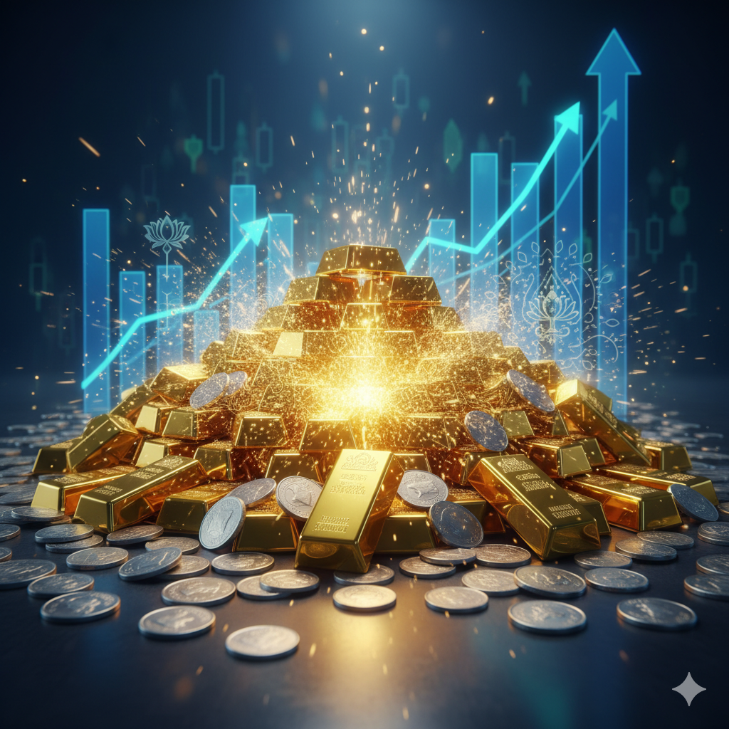 "सोने और चांदी के सिक्के और बार चमकते हुए, वित्तीय चार्ट और बढ़ती कीमतों के संकेत के साथ, भारतीय सांस्कृतिक तत्वों के साथ"