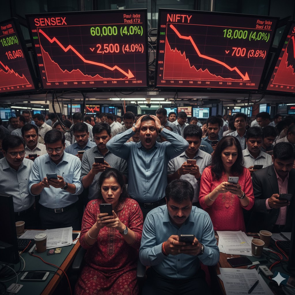भारतीय शेयर बाजार में गिरावट, सेंसेक्स और निफ्टी ग्राफ नीचे गिरते हुए, निवेशक अपने स्मार्टफोन पर नजर डालते हुए, वित्तीय अस्थिरता।