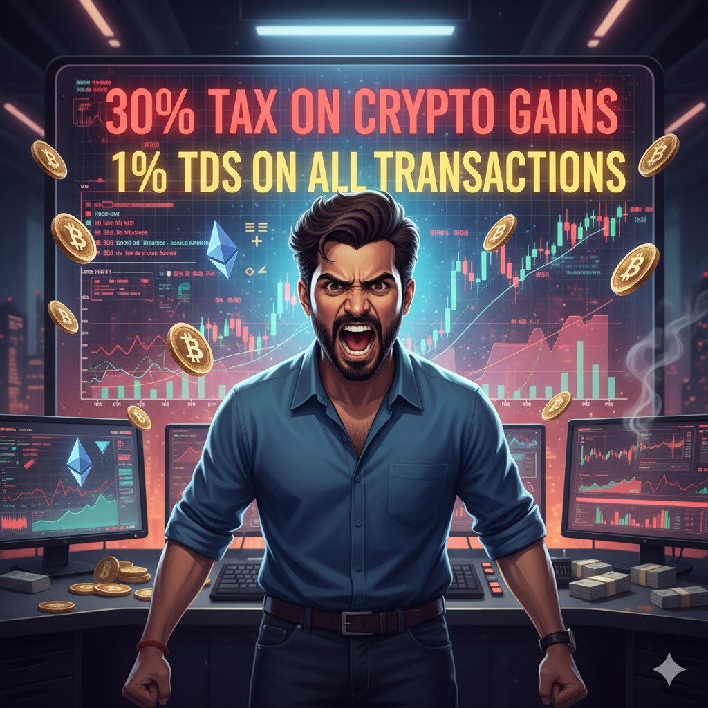 "Angry Indian crypto trader in front of digital screen showing 30% tax and 1% TDS update with crypto coins and graphs around