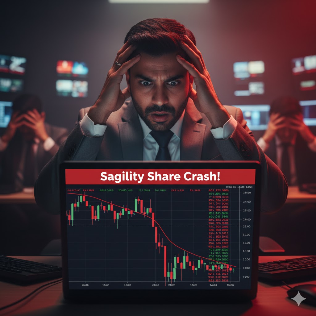 भारतीय निवेशक लैपटॉप पर Sagility India के गिरते शेयर प्राइस देखते हुए, लाल चार्ट और घबराए निवेशकों का दृश्य।