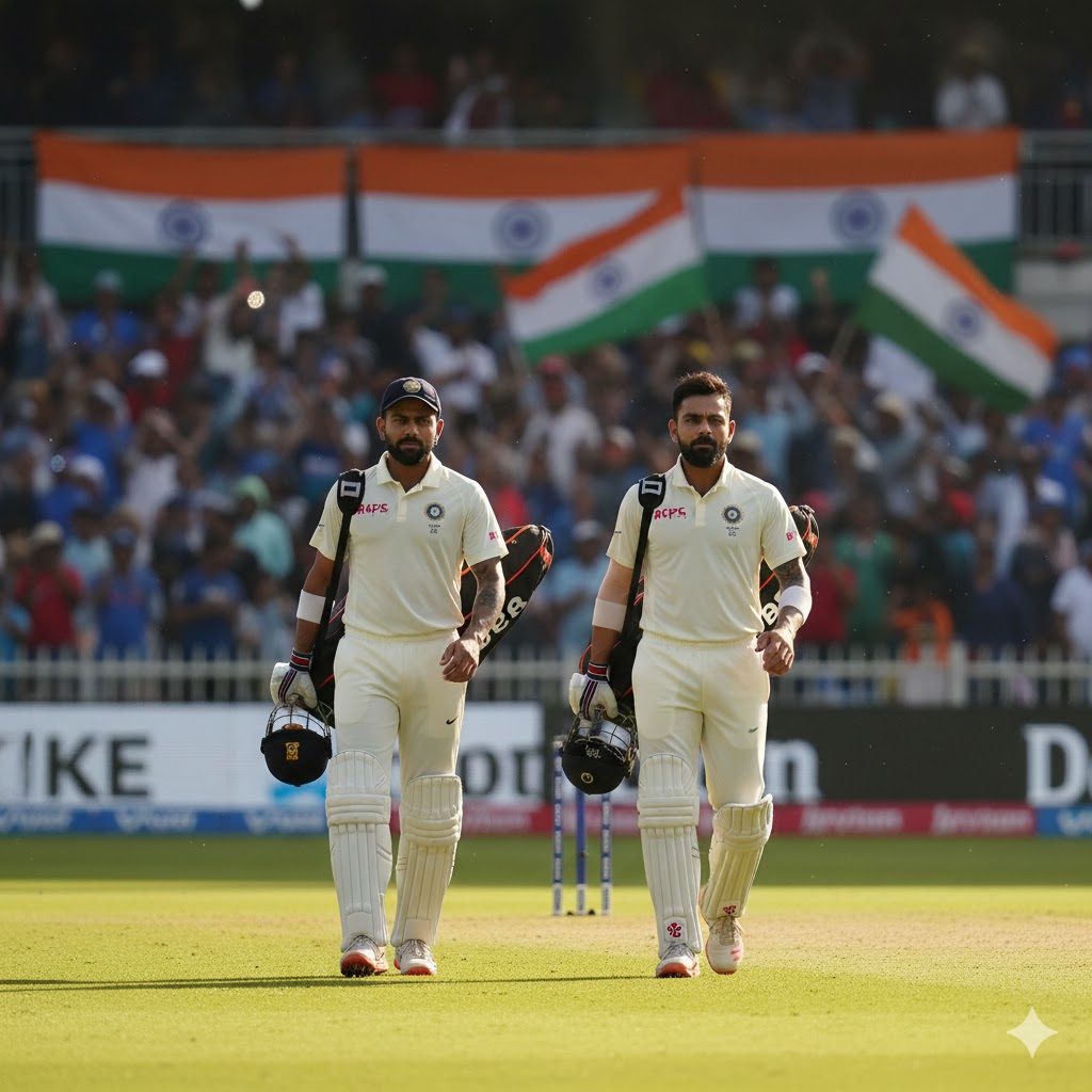 भारत बनाम साउथ अफ्रीका टेस्ट 2025 में मैदान पर उतरते रोहित शर्मा और विराट कोहली।