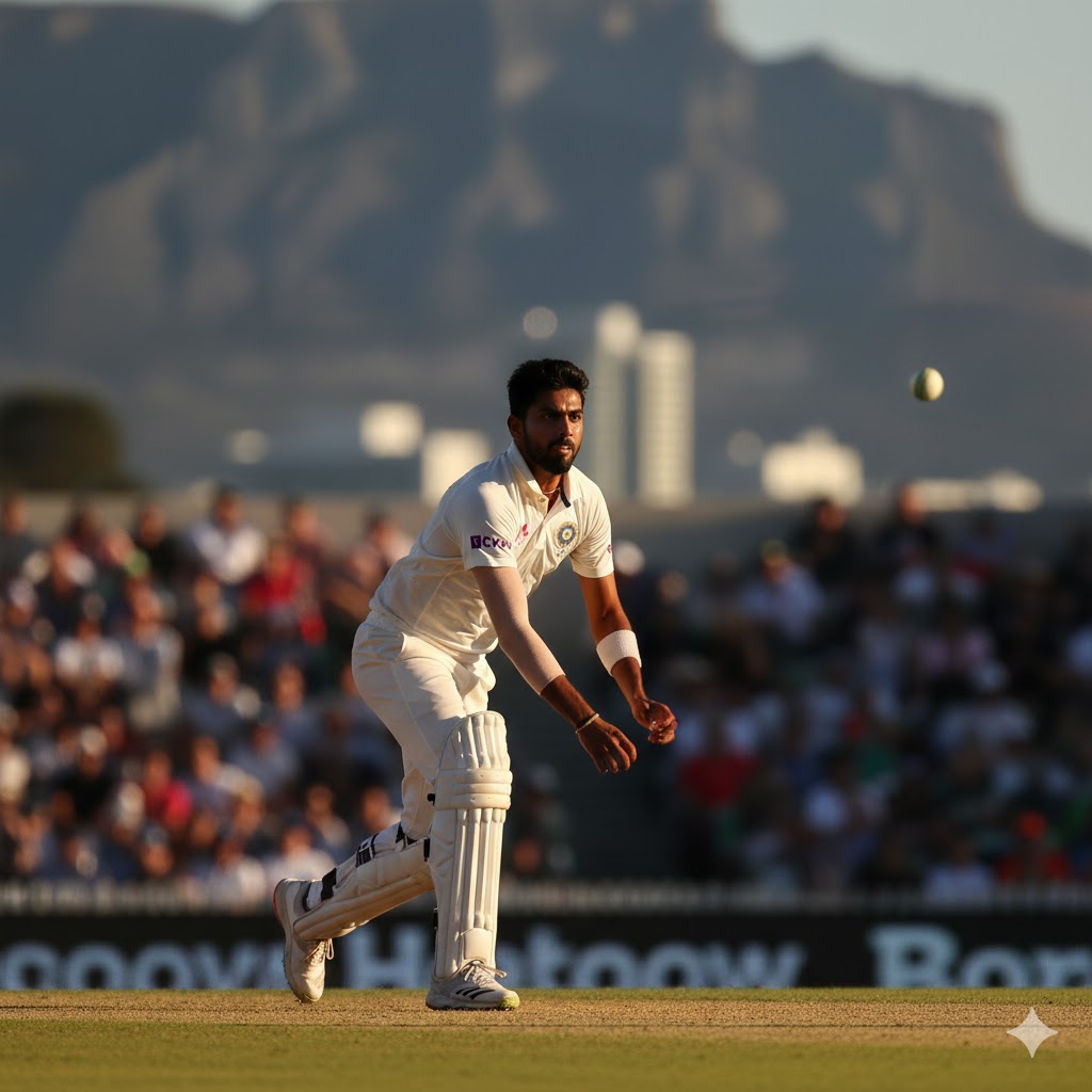 साउथ अफ्रीका की पिच पर गेंदबाज़ी करते जसप्रीत बुमराह।
