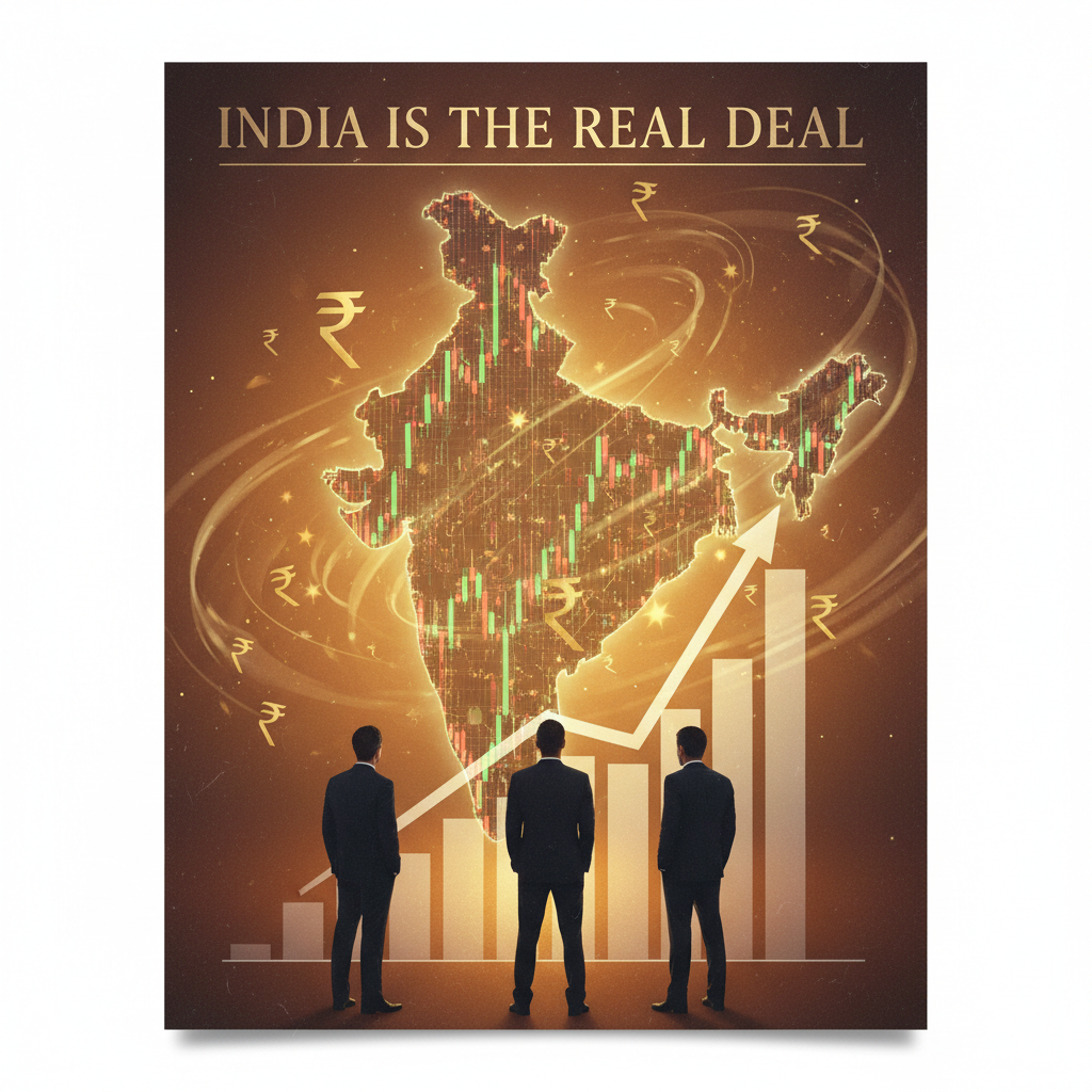 “Map of India made from stock market candlestick charts, golden rupee symbols, foreign investors watching market boom, symbolizing India as a strong global investment hub.”