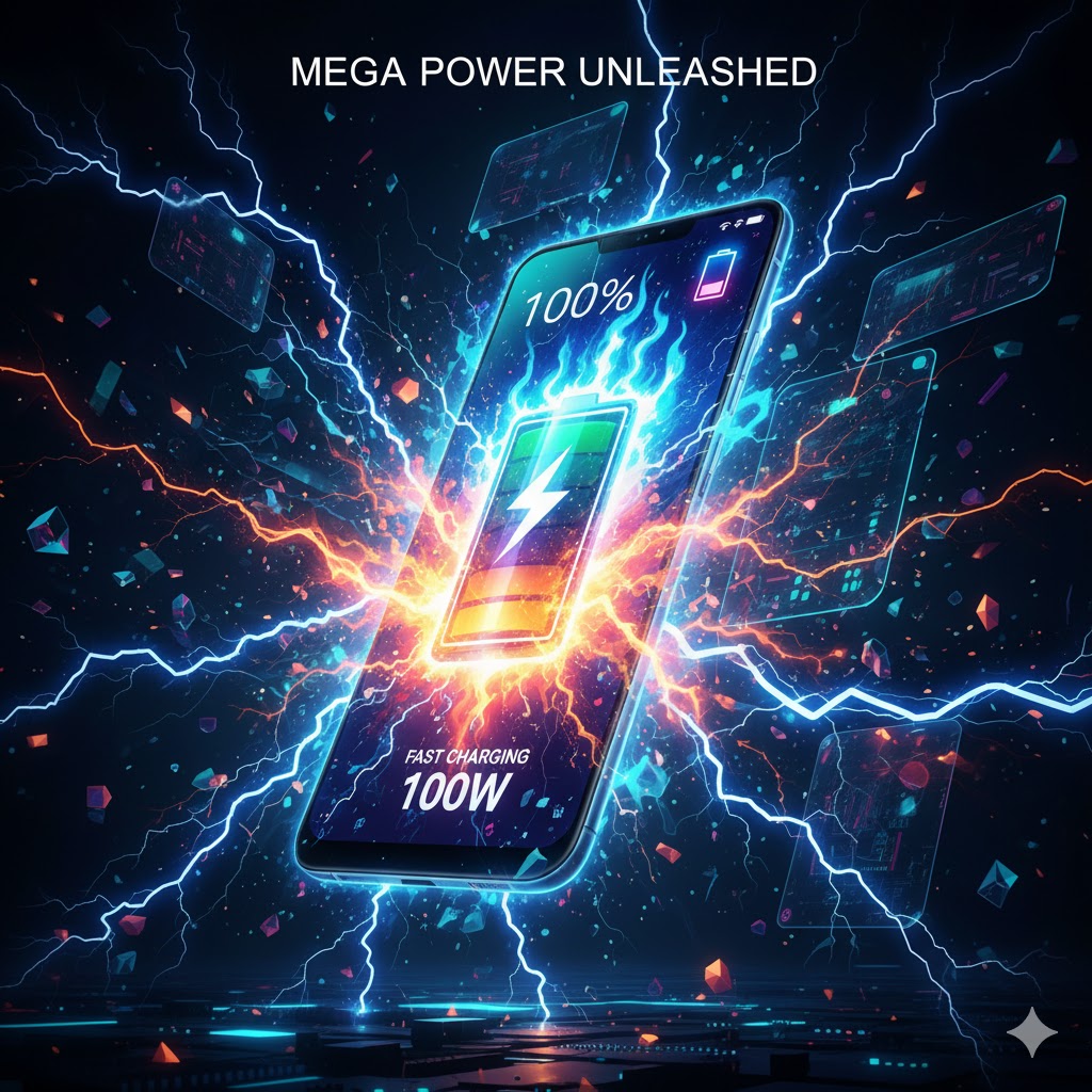 OnePlus 15R with 7800mAh battery and 100W fast charging, power-efficient performance visual with energy thunder effects.