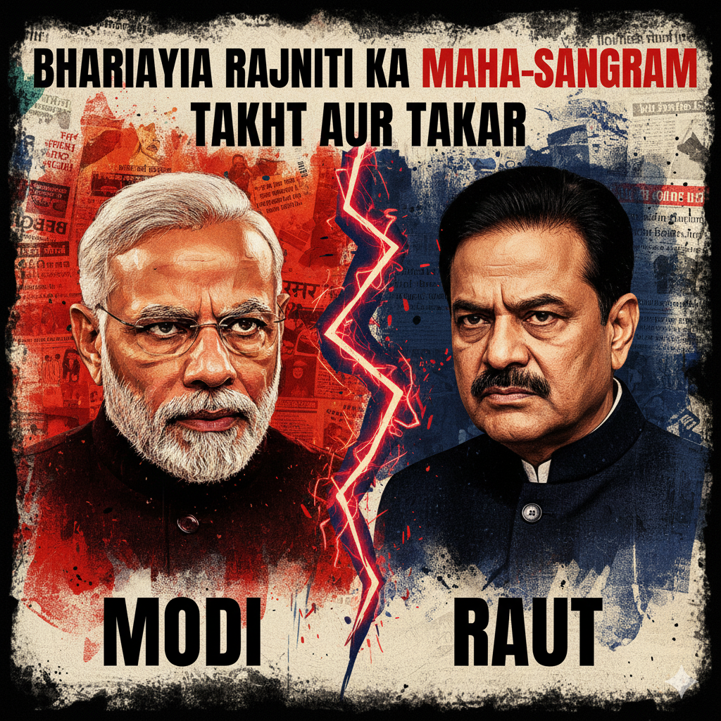 भारतीय राजनीति का पोस्टर, जिसमें नरेंद्र मोदी और संजय राउत को एक ही फ्रेम में दर्शाया गया है, पृष्ठभूमि में समाचारों की कटिंग, पॉलिटिकल ड्रामा का संकेत।