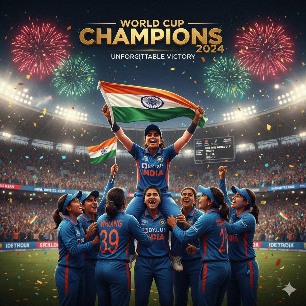 "India vs South Africa Women's World Cup 2025 Final – भारतीय महिला क्रिकेट टीम की शानदार जीत का पोस्टर, स्टेडियम में जश्न का नज़ारा"