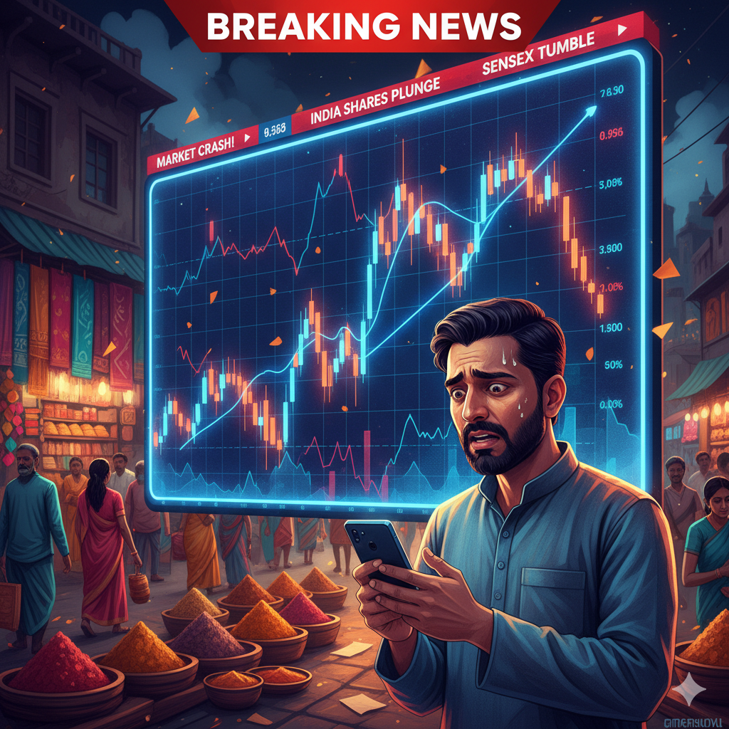 Vodafone Idea शेयर प्राइस में अचानक उतार-चढ़ाव, भारतीय निवेशक मोबाइल पर स्टॉक मार्केट देखता हुआ, ग्राफ ऊपर-नीचे होता हुआ।