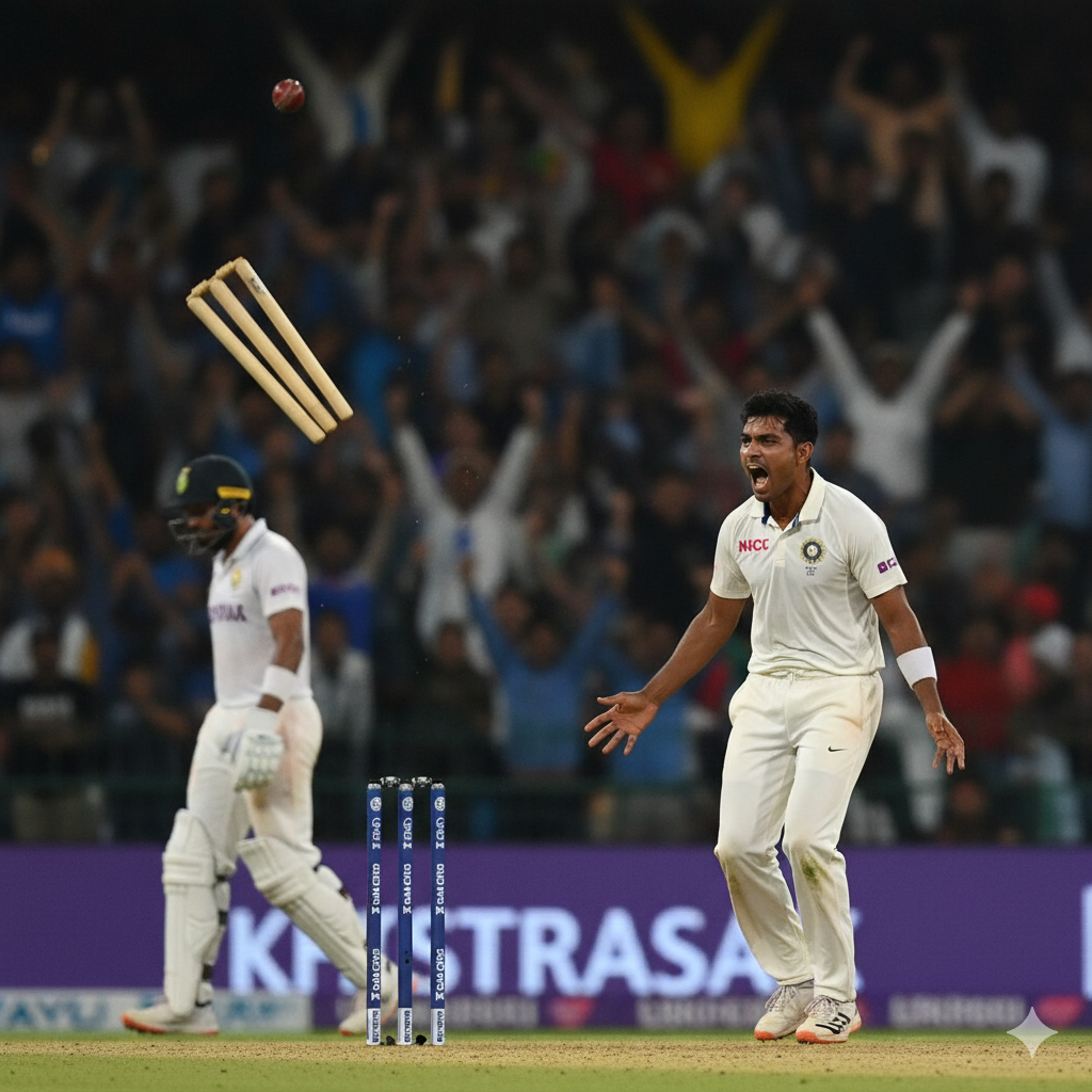 "IND vs SA Test में साउथ अफ्रीका के बल्लेबाज ऐडन मार्करम विकेट गंवाते हुए, भारतीय गेंदबाज का जश्न और उड़ती हुई स्टंप्स का दृश्य"