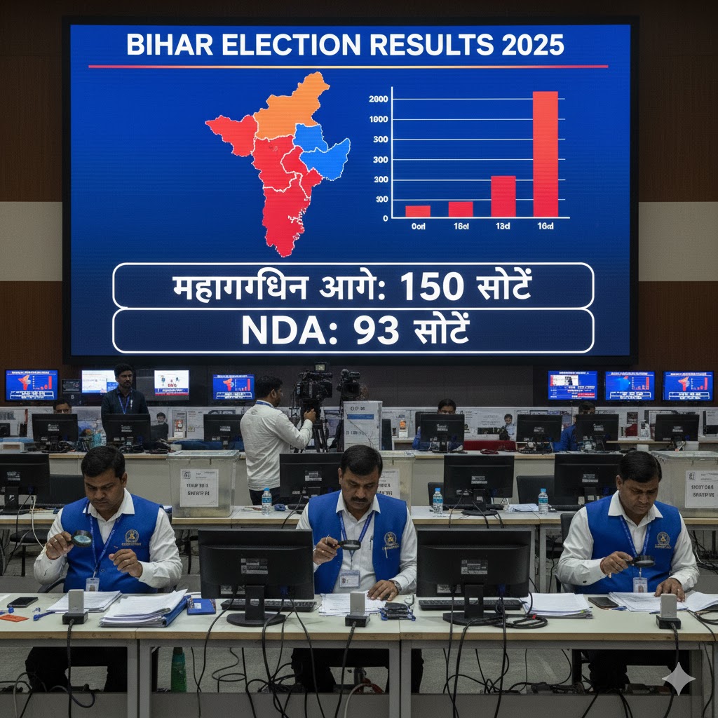 “Bihar Election Results 2025 live counting graphic with Bihar map and ECI officers checking EVM machines.”